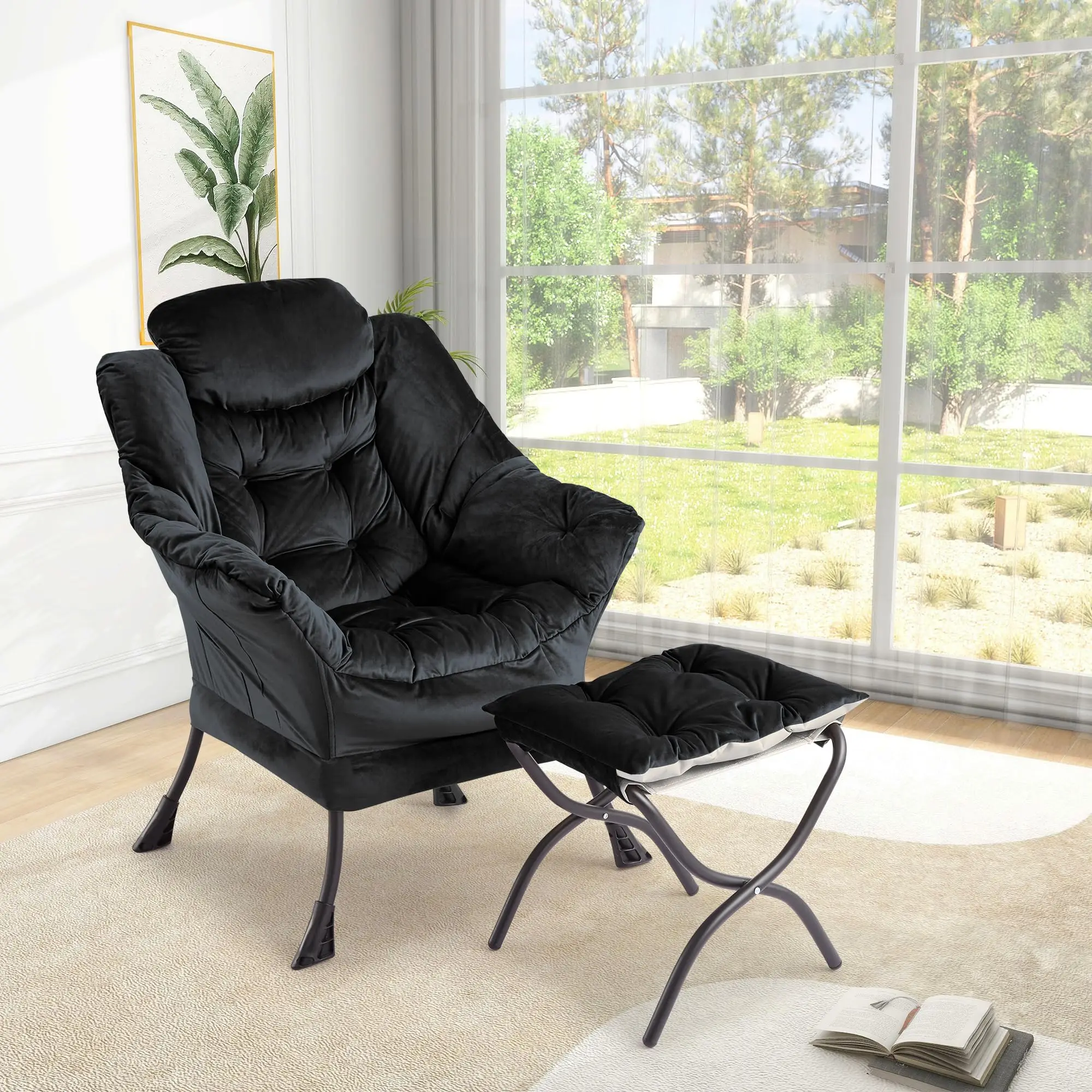 Fauteuil confortable avec ottoman - Fauteuil de relaxation rembourré et moelleux avec poche latérale, accoudoirs, structure en métal - Fauteuil ergonomique pour salon, chambre et petits espaces