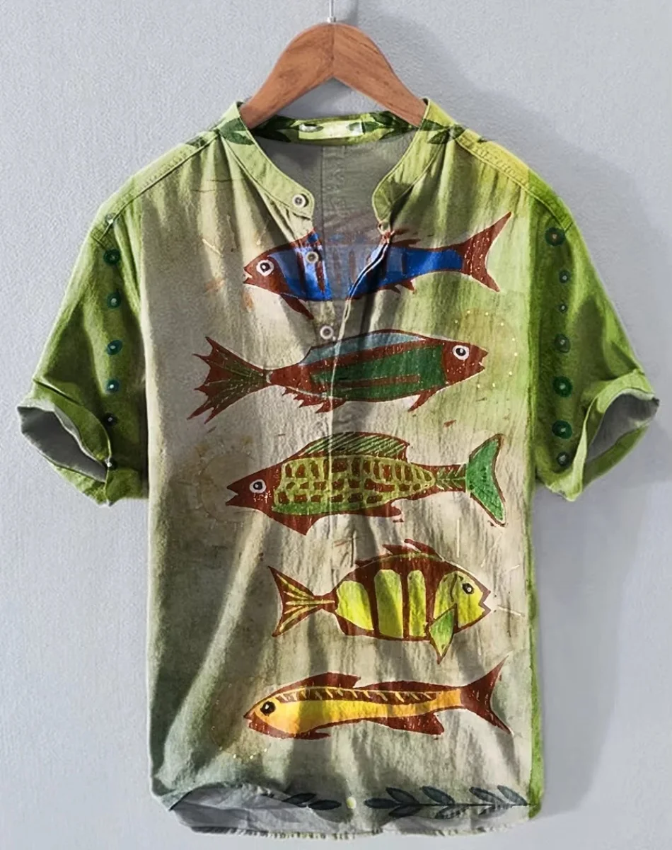 Henry Shirt - เสื้อยืดลําลองแขนสั้นผู้ชายใหม่ ท็อปส์ซูชุดลําลองทุกวัน เสื้อผ้าพิมพ์ลายปลา ไซส์ S ถึง 5XL