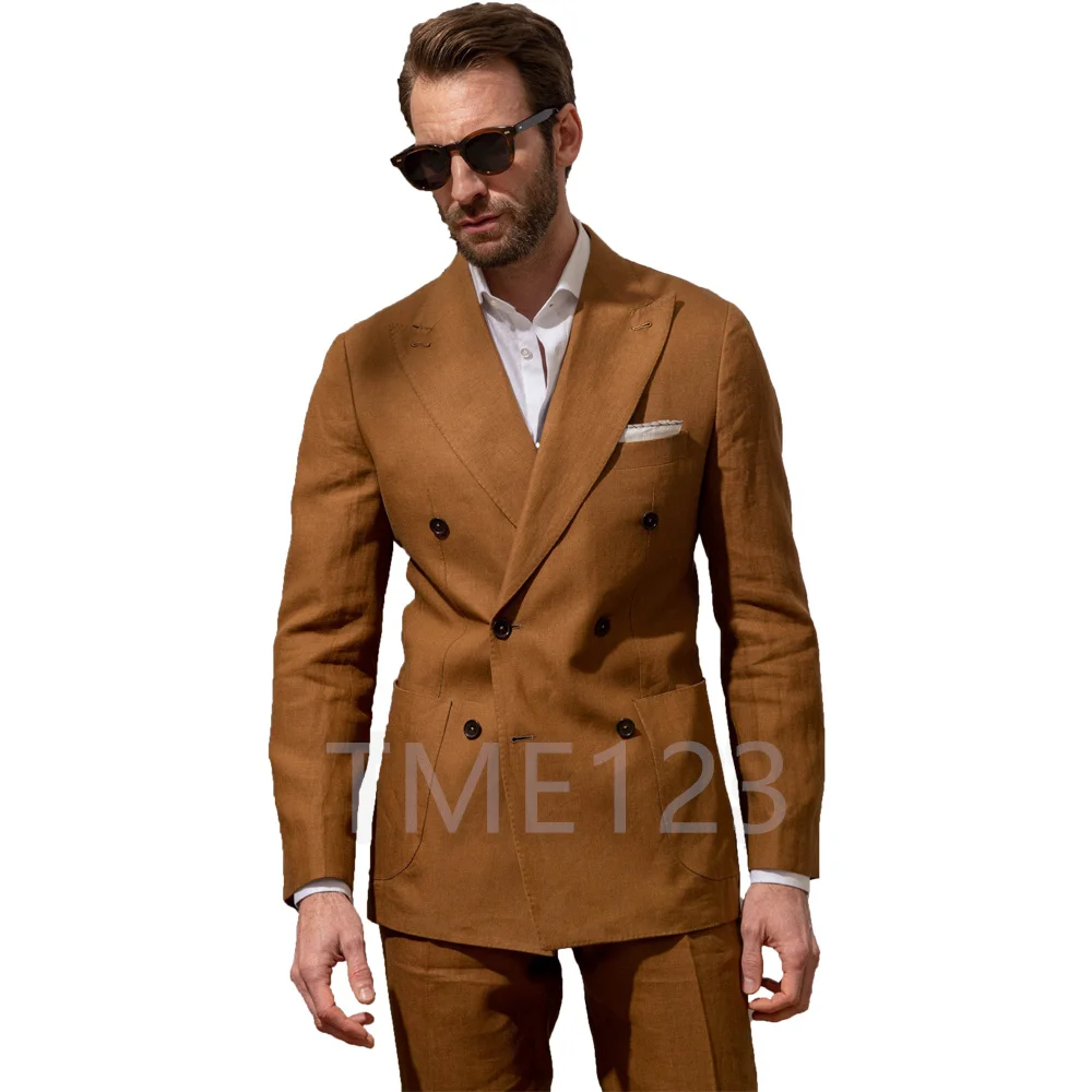 

2022 New Men Suit 2 Pieces Double-Breasted Peak Lapel Flat Slim Fit Casual Tuxedos For Wedding(Blazer+Pants)