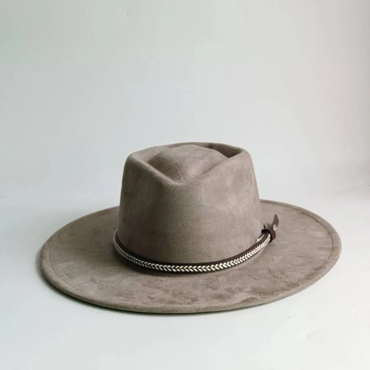 Unisex Vintage Western Fedora Hat, Wide Brim Suede Felt Cowboy Hat with Braided Leather Band Metal Buckle, Outdoor Travel Boho D