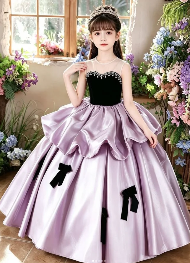 Satin Flower Girl Gown For Wedding Black Bow Decoration Purple Party Fluffy Children Birthday Banquet Performance Host Clothes