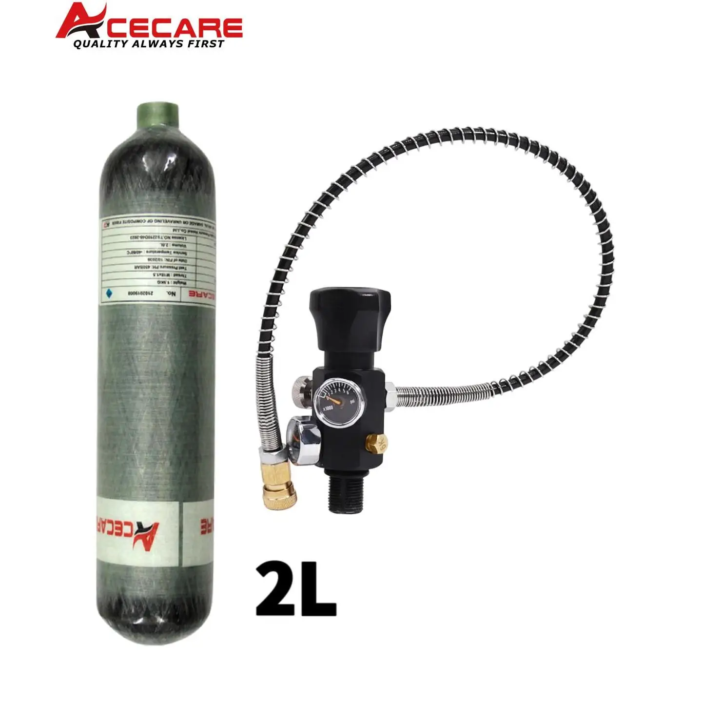 ACECARE 4500psi 300Bar 2L Carbon Fiber Cylinder High Pressure Tank Charging Regulator Fill Station Dual Gauge Valve M18*1.5