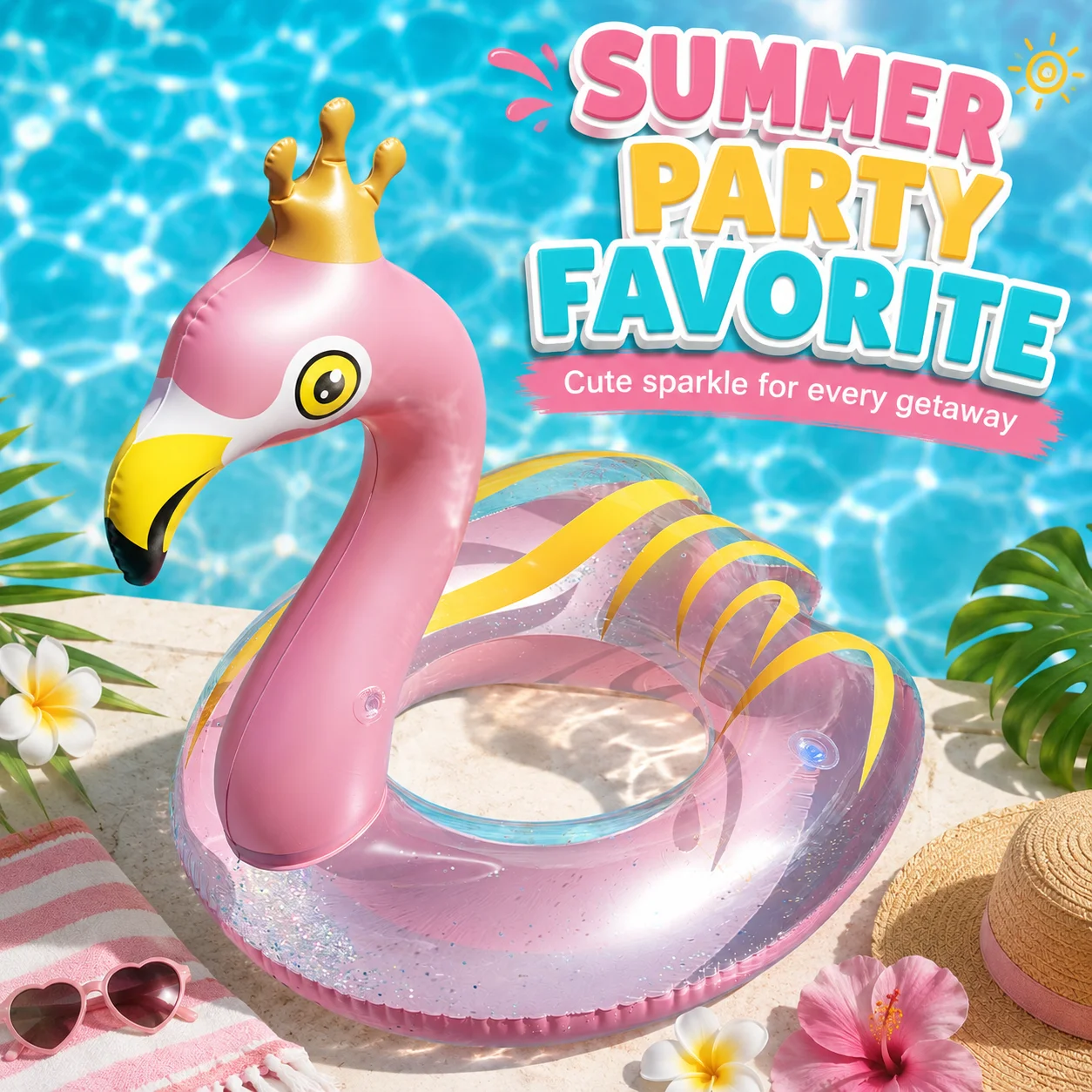 1PC Inflatable Flamingo Swan Pool Float with Crown, Glitter Swim Ring Raft, Heavy Duty PVC Pool Lounger for Adults - view 2