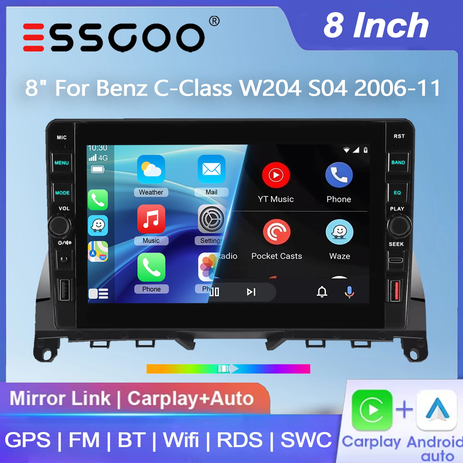 ESSGOO 8" 4+64G Android 15 Autoradio für Mercedes Benz C-Klasse W204 S04 2006-2011, kabelloses Carplay, Android Auto, GPS-Navigation, USB Typ-C, FM, BT, WiFi, RDS, ASP, Mirror Link, SWC,