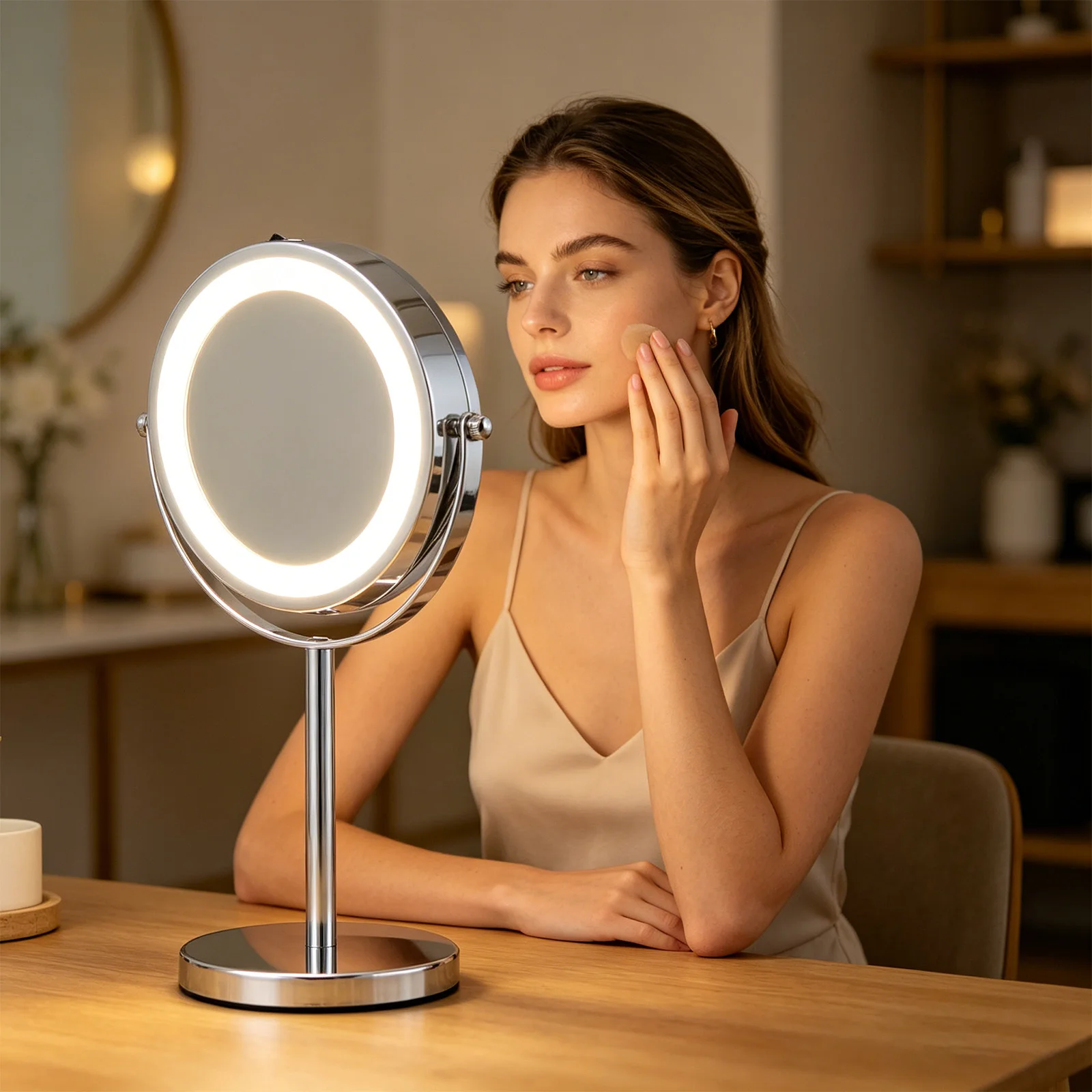 

6-Inch vanity mirror Adjustable Rotating Metal Frame Beauty Desktop Makeup Mirror With 17 Led Light-battery-powered version