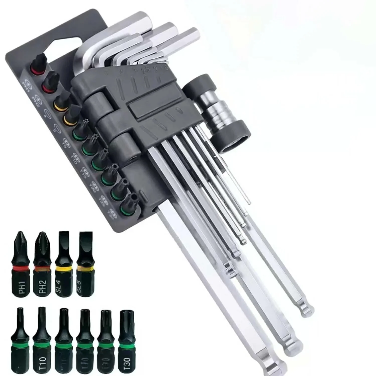 20In1 Metric Allen Wrench Set Bit Adapter with Screwdriver Head S2 Steel HEX/TORX/BALL END Hex Point Tips for Furniture&DIY Etc.