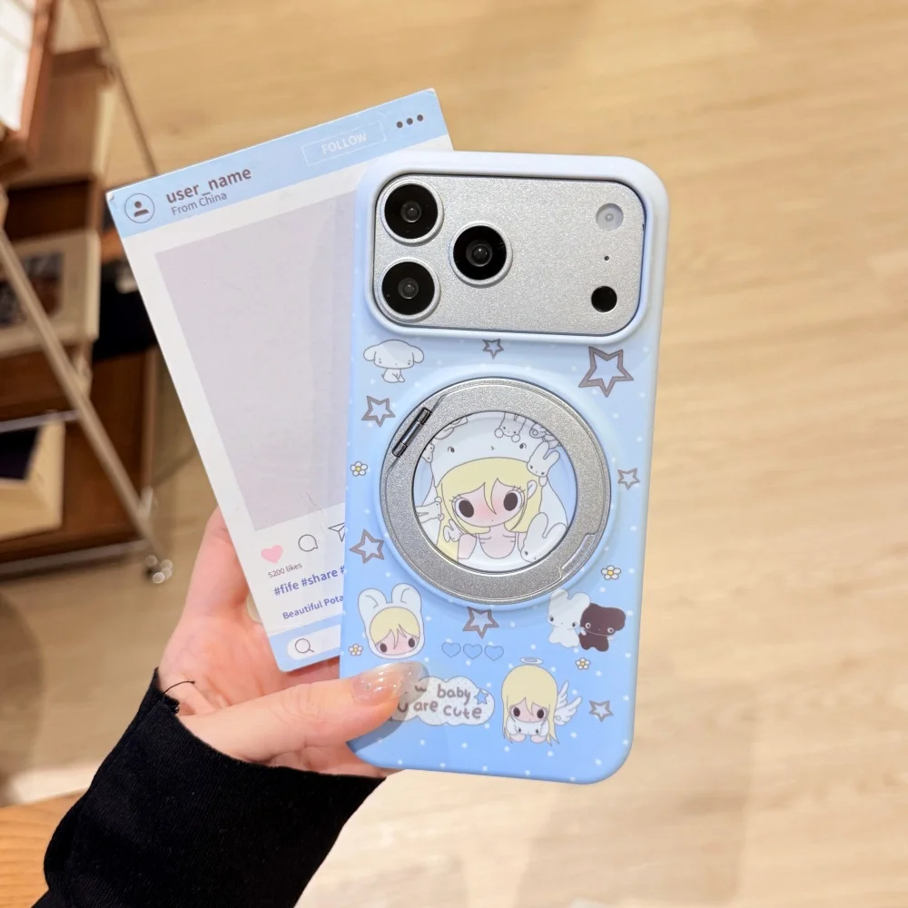 Korean Cute Angel Girl Phone Case for iPhone 15 Pro 16 Pro Max 17 16 17 Pro Cover Fashion Case With Rotate Stand Shockproof Case