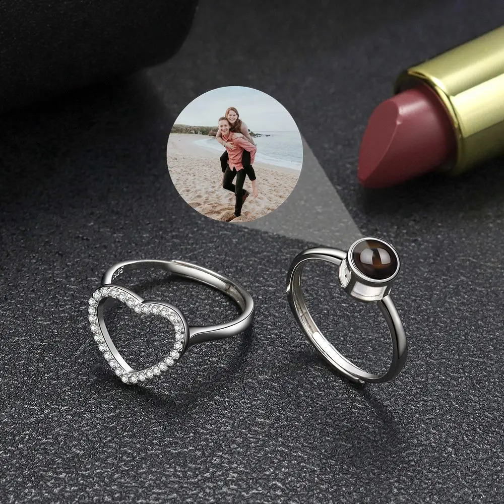 Custom Photo Rings Projection Photo 925 Sterling Silver Heart Pendent Rings for Women Men Simple Finger Fashion Couple Gift