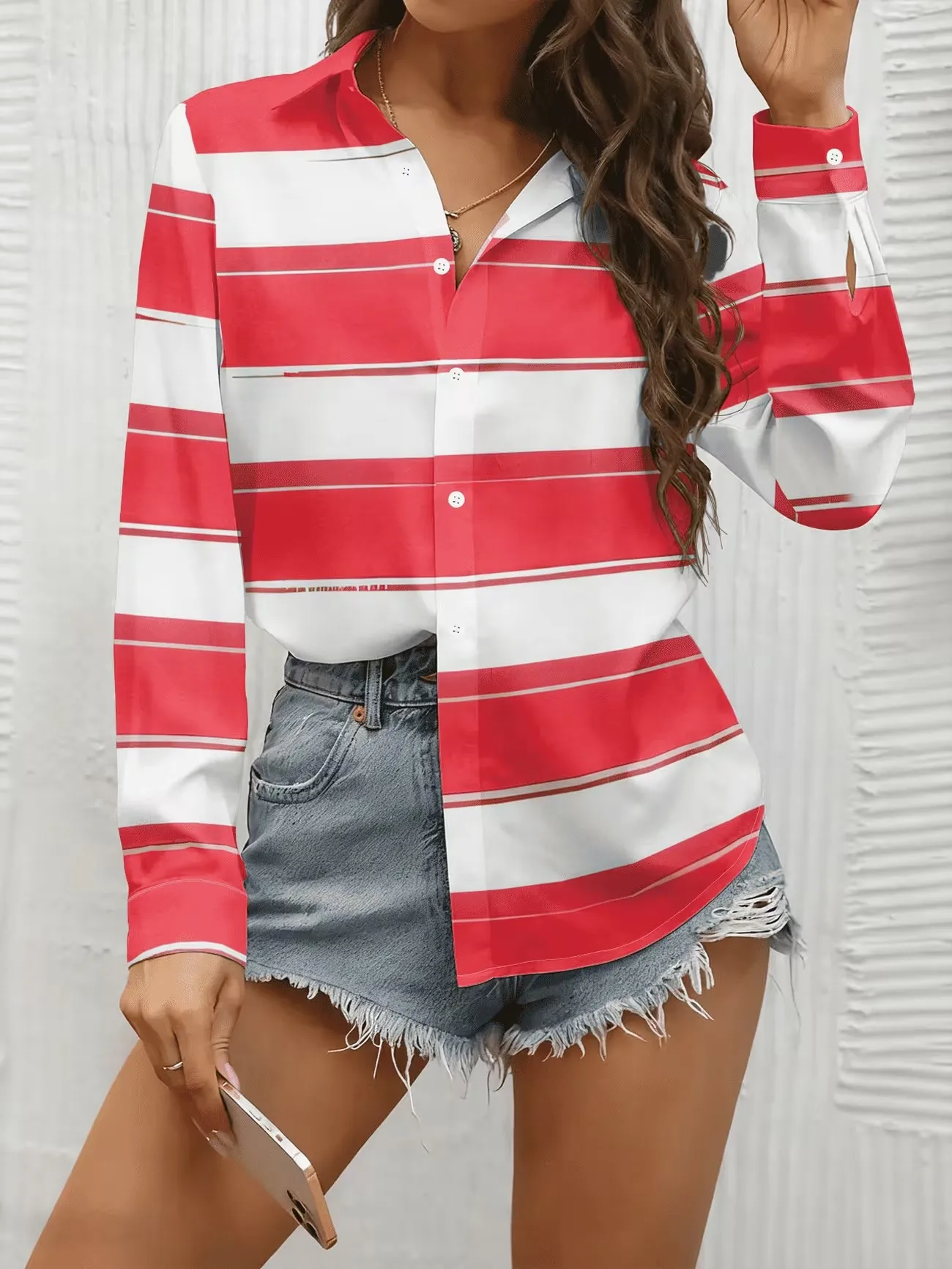Ladies Spring Summer Long Sleeve Polo Shirt 3D Rainbow Stripes Gradient Print Fashion Street Style Women's Personality Top