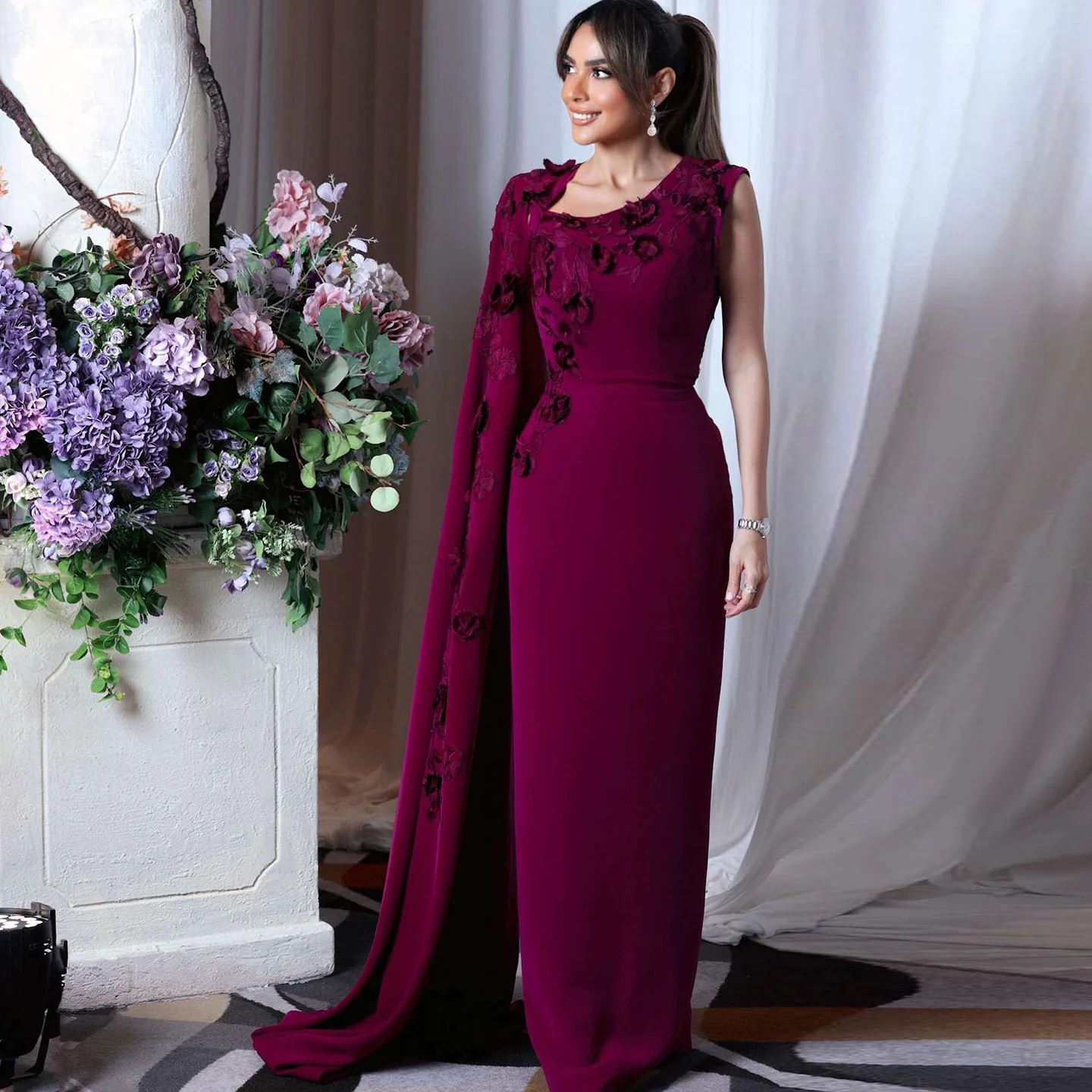 

Sharon Said Dubai Purple One-Shoulder Arabic فساتين سهرة with 3D Flowers Cape Sleeves Women Wedding Party Gown SF105 Customized
