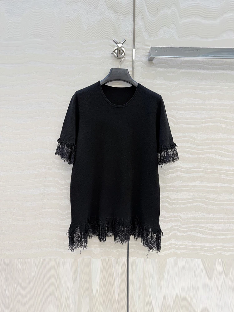 

Summer Fashion Black Color Loose Simplicity Casual T-Shirts Women's O-Neck Short Sleeve Loose Solid Color Lace Embroidery Tops