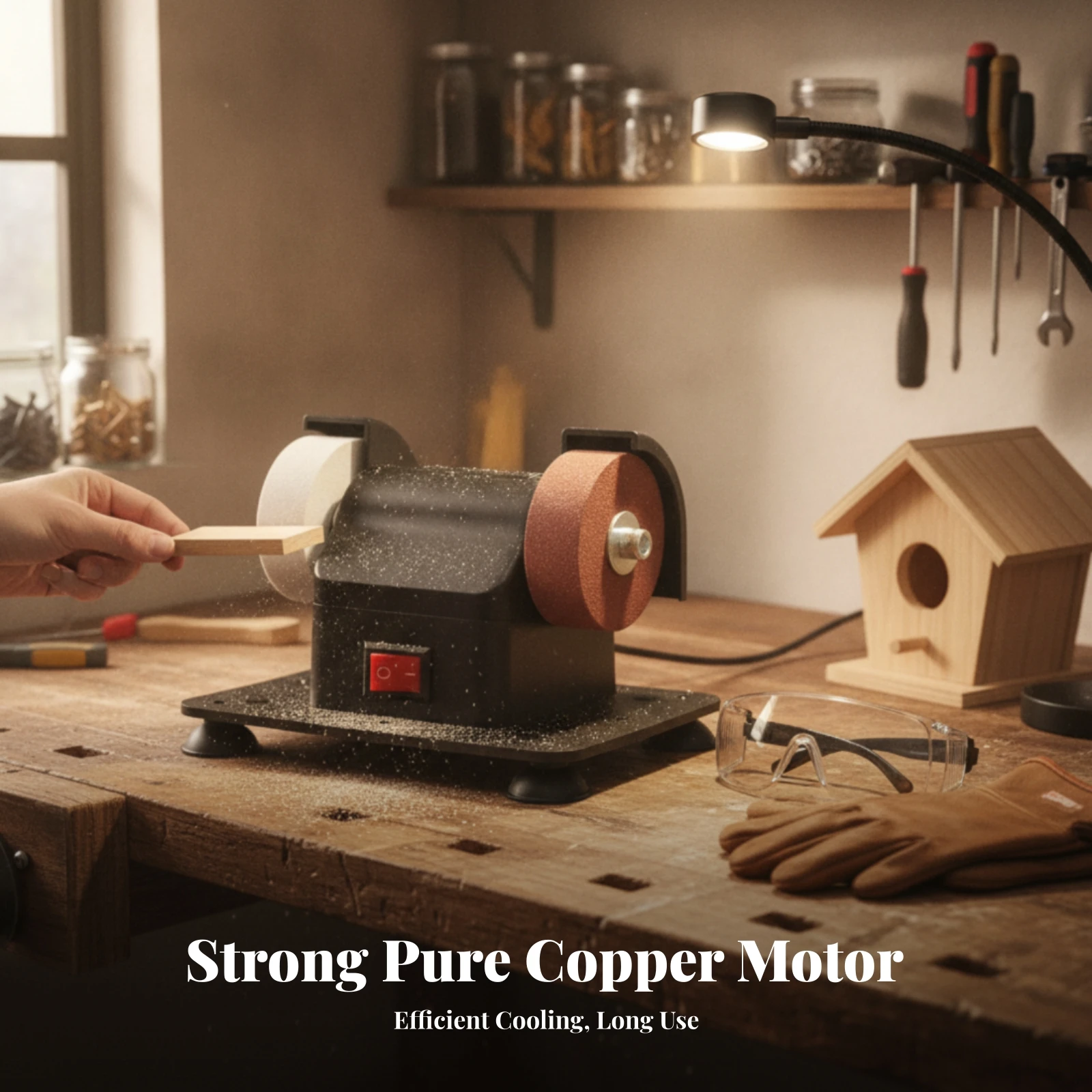 Adjustable-Speed Mini Benchtop Grinding Wheel Machine Space-Saving Design Dual Wheel Home Workshop Bench Grind Tool