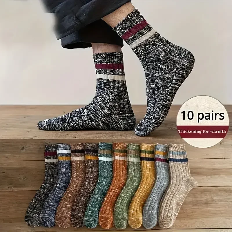 10 Pairs Of Men\'s Trendy Ethnic Vintage Stripe Crew Socks, Breathable Comfy Casual Unisex Socks For Outdoor All Seasons Wearing