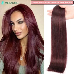 99J# Tape In Hair Extensions Remy Add Hair Straight Seamless Tape In Human Hair Extensions for Women Burgundy 24 Inch 20pcs 50g