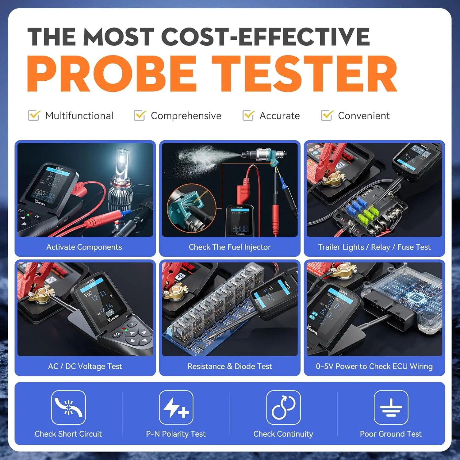 VDIAGTOOL V500 Tester Obwodów Elektrycznych Samochodowych 9-30V z Oscyloskopem, Multimetrem, Testerem Wtryskiwaczy i Przekaźników — zdjęcie 4