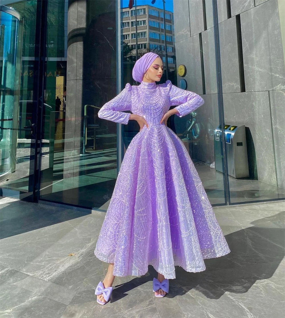 Sansa Customized Purple Pleats A-Line Beaded Prom Dress Long Sleeve High Neck Vestidos De Noche Ankle-Length Formal Evening 2025