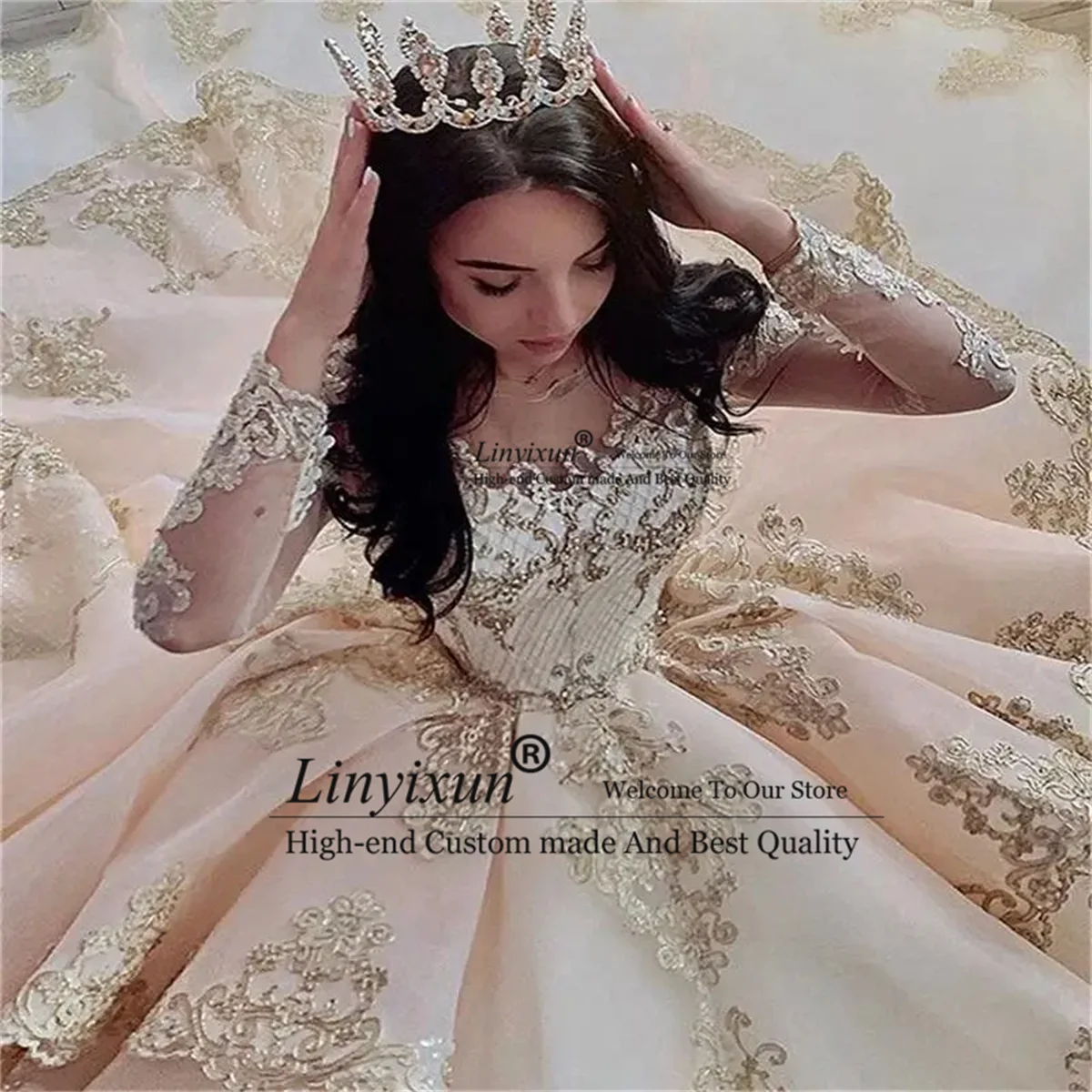 Luxury Champagne Quinceanera Dresses With Lace Appliqued Crystal Ball Gown Sweet 16 Dress Customized Vestido De VX 15 Anos