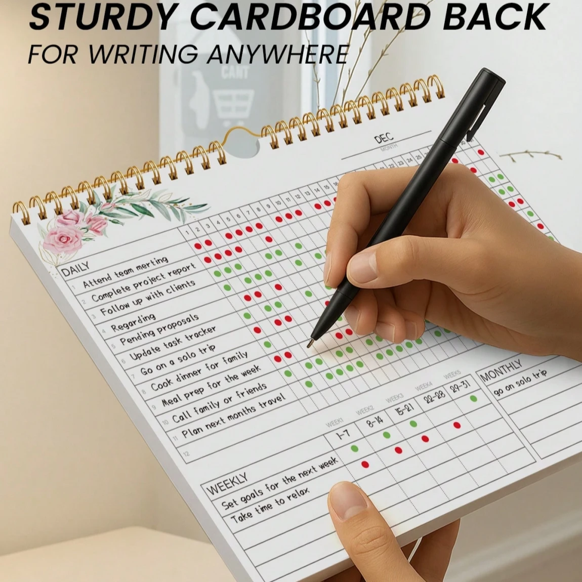 ปฏิทินติดตามนิสัยดอกไม้ | ผู้วางแผนนิสัยรายวันรายเดือน | ที่จัดระเบียบโต๊ะแบบเกลียวสําหรับเป้าหมายและกิจวัตร | วารสารแรงจูงใจความงาม