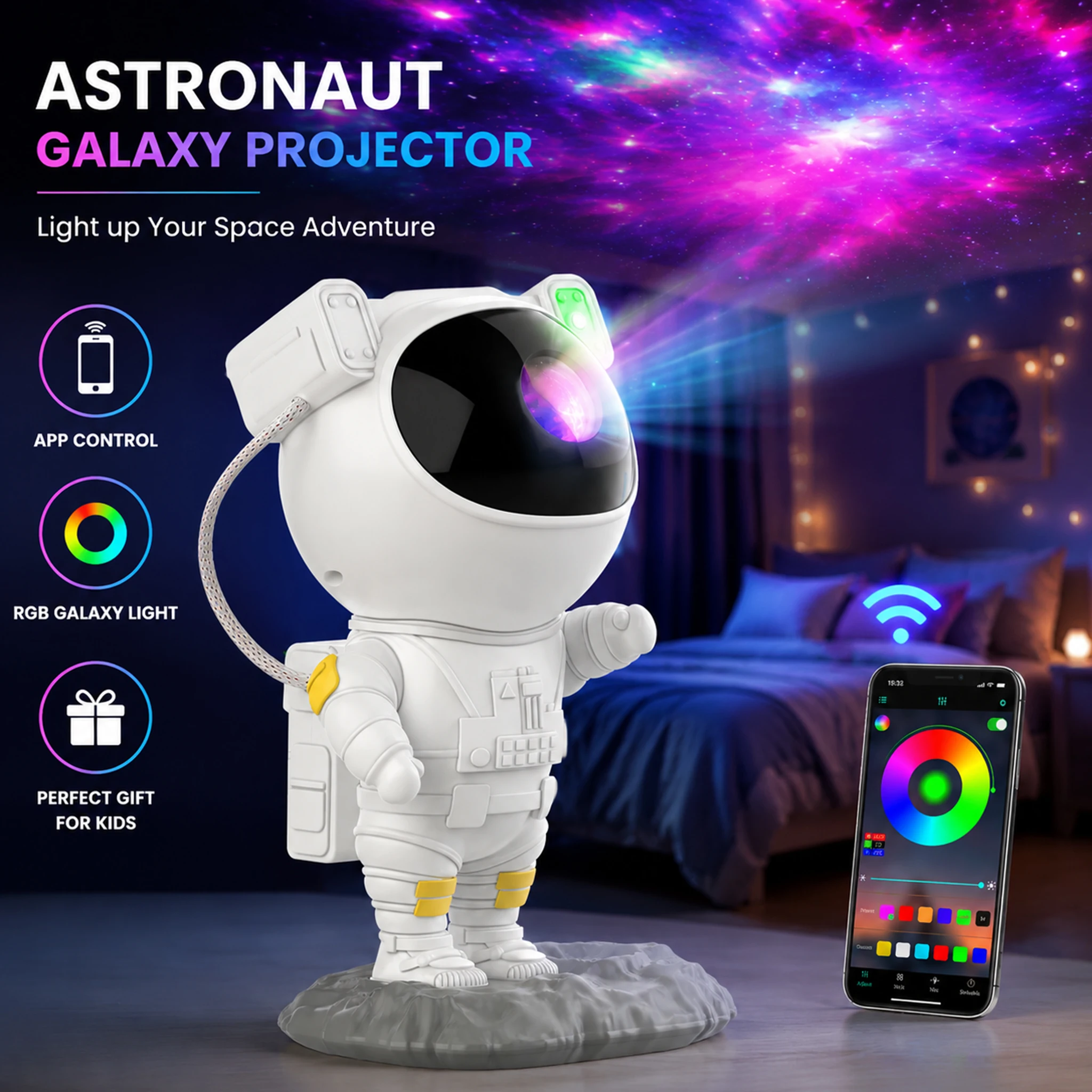 Astronaut Lureshine Galaxy Projector met Bluetooth-luidspreker, app-bediening, Nebula RGB, Sterrenhemel Nachtlampje, 360° ° Draaiende ruimteprojector voor kinderkamer, cadeau voor thuisdecoratie