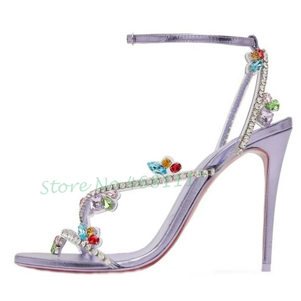 Colorful Crystal Luxury Heels Sandals Patent Leather Women Purple Cross Strap Trending Sandals Ladies Party Evening Summer Shoes