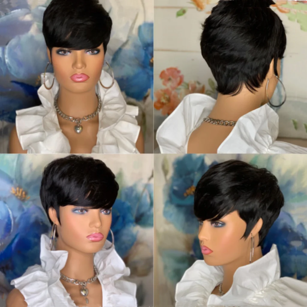 WIGERA Synthetic Bob Short Pixie Cut Straight Hair With Bangs Wave Wigs Machine Made For Black Women