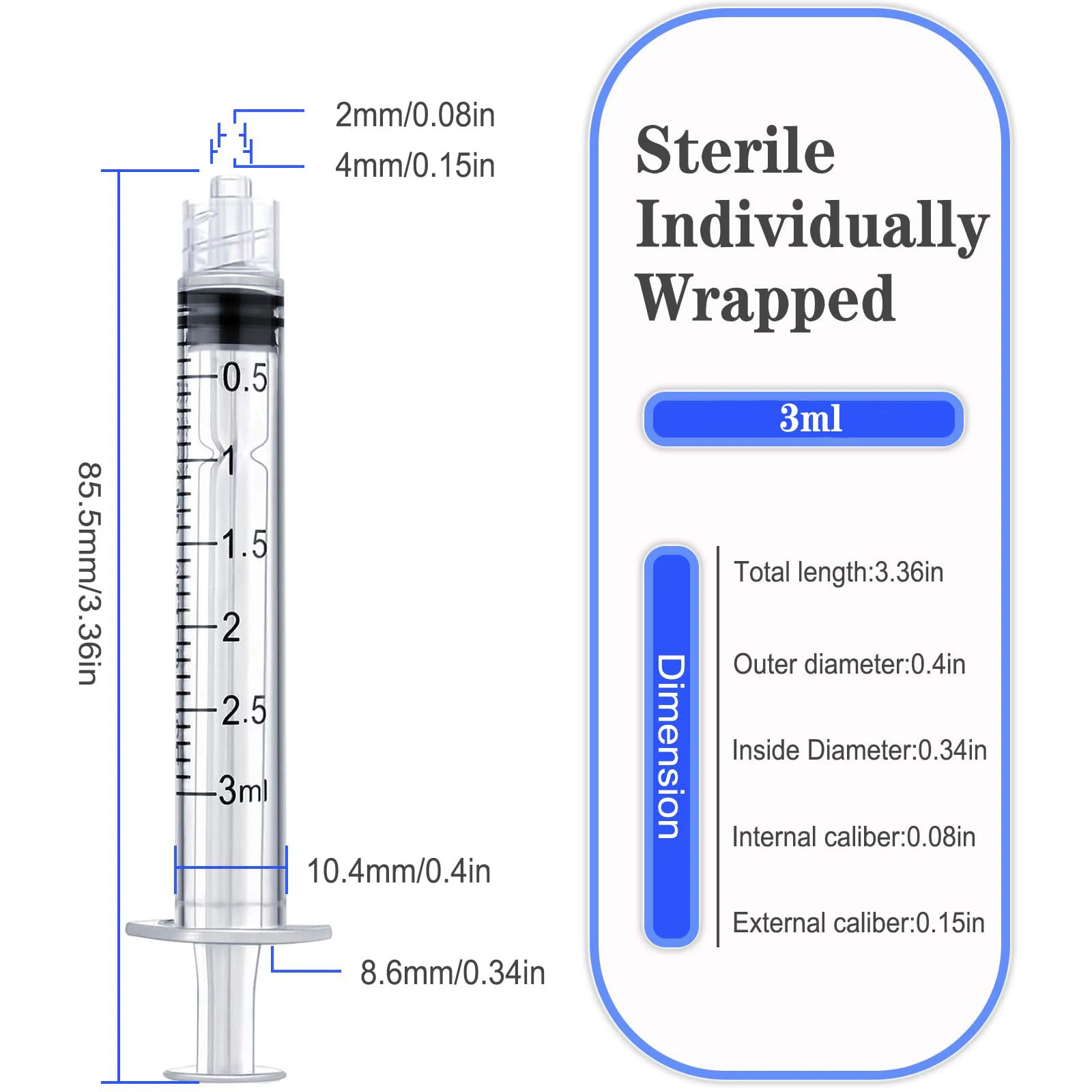 100pcs/bag 3ml Syringe Sterile with Luer Lock Tip - 100 Syringes (No Needle) Individually Sealed