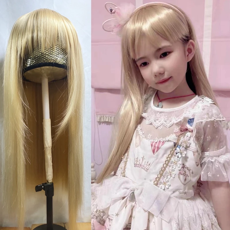 Kids Wigs Light Gold Hood for Girl Child Beige Hair Accessories Baby Yellow Headdress Teenage Headwear Reborn Doll Headgear 45cm