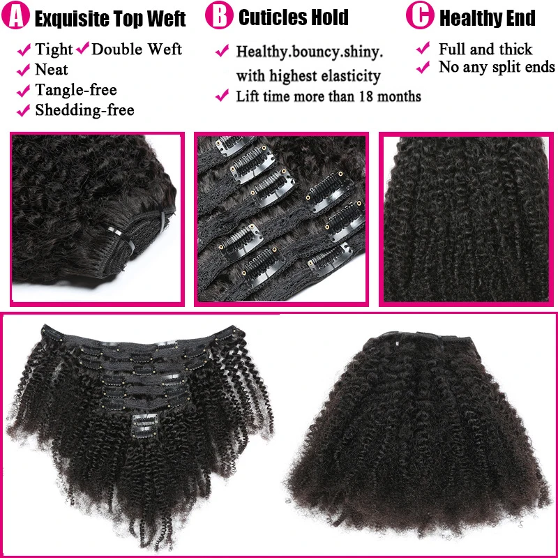 Mogolian Afro Kinky Curly Clip In Hair Extensions Human Hair Full Head Sets 120g 8PCS/Set Clip Ins Bundles Natural Black Remy