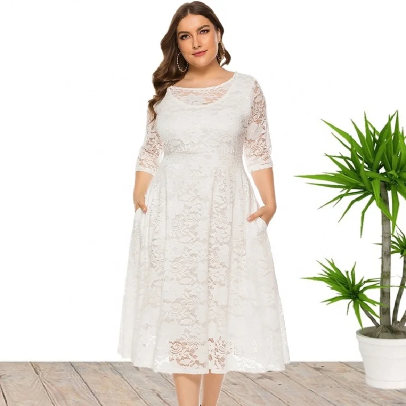 High Quality 8XL Plus Size Party Evening Bridesmaid Lace Dresses For Women With Pockets