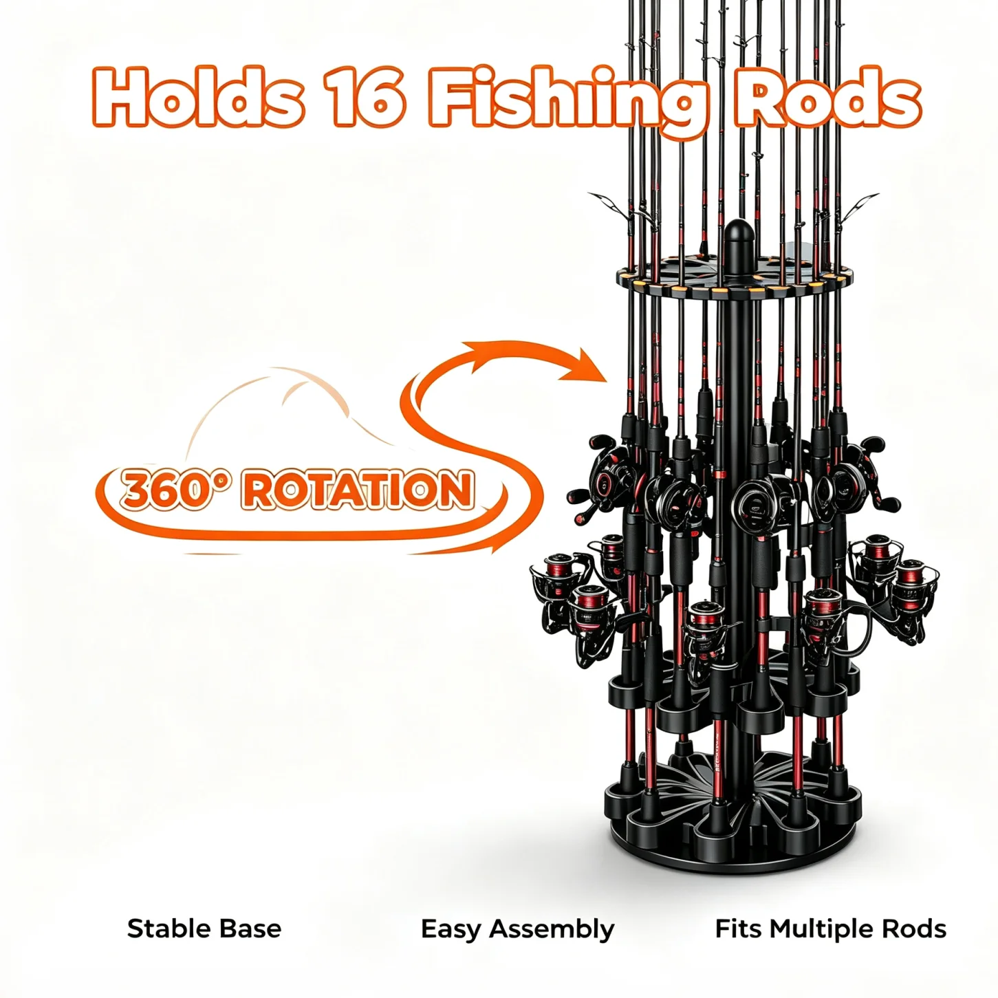 Rotating Fishing Rod Holder, Holds 16 Rods Combos, 360° Spinning Floor Fishing Rod Rack, Heavy‑Duty ABS Fishing Pole Storage Organizer for Garage Tackle Room