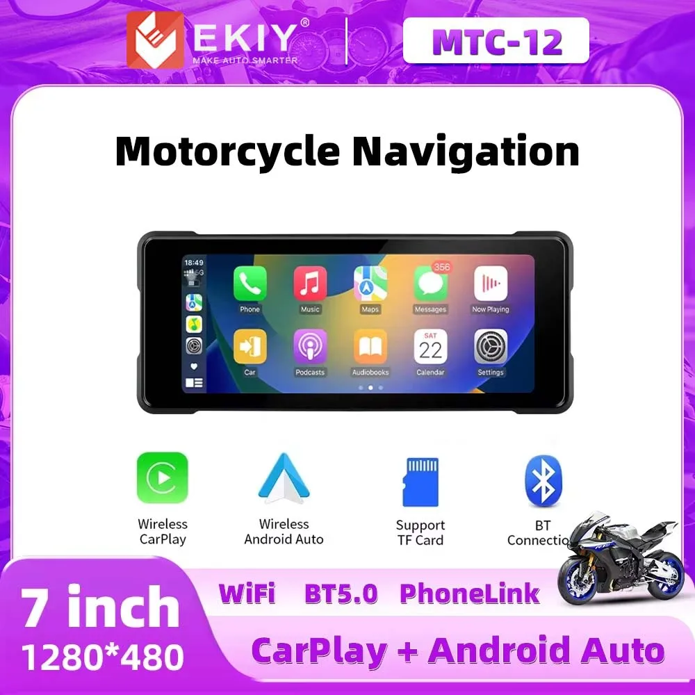 EKIY 7.0inch Motorcycle GPS Wireless CarPlay MOTO Navi Android Auto Optional Front Rear DVR   Dual Bluetooth Anti-theft