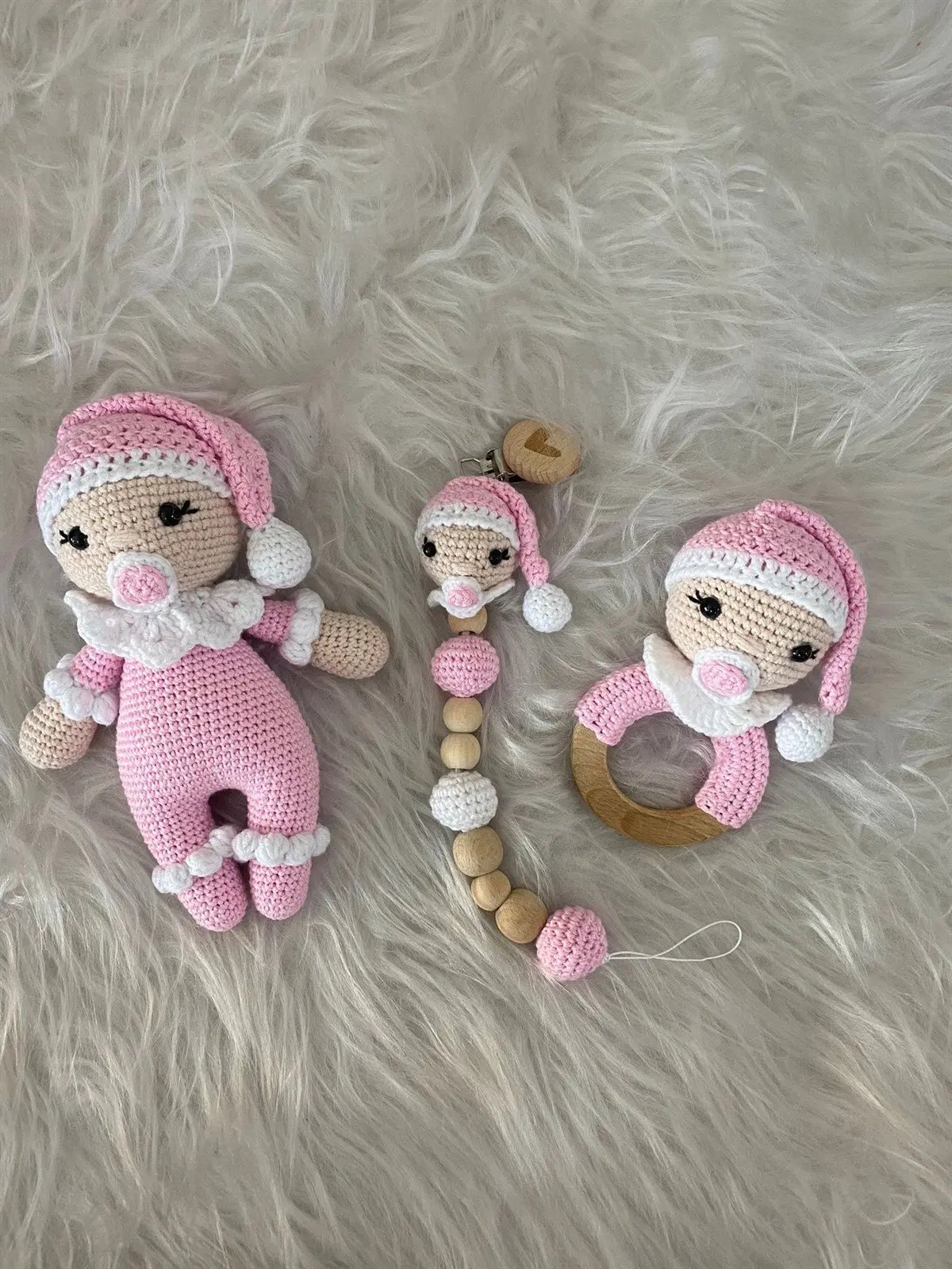 Handmade Amigurumi Pink Pacifier Baby 22 cm Rattle and Pacifier Chain Triple Set