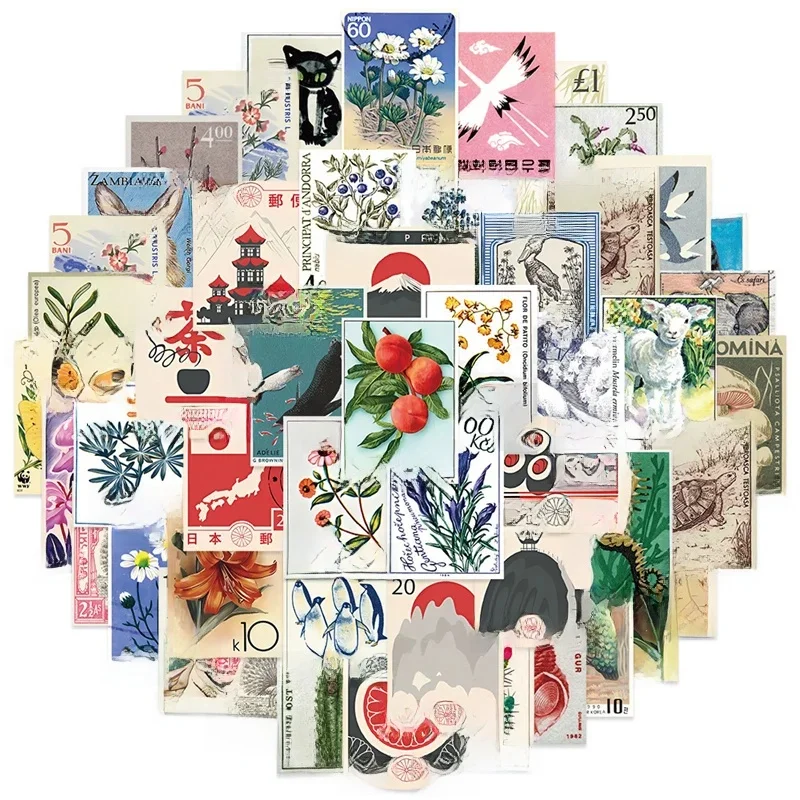 Autocollants d'art de timbre rétro, étiquette de dessin animé esthétique Vintage pour ordinateur portable, bagages, Skateboard, téléphone, jouets pour enfants, 50 pièces