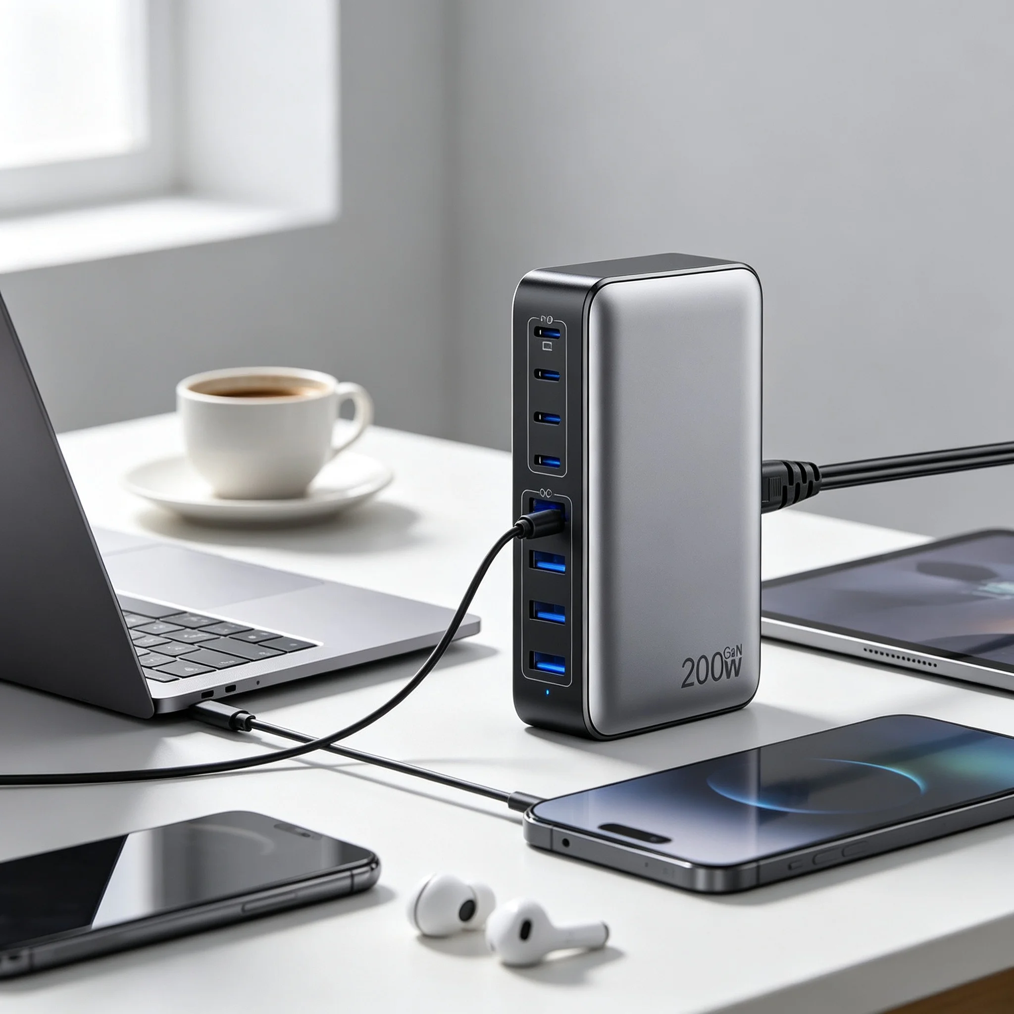 Ładowarka USB-C GaN 8-w-1 o mocy 200W, wieloportowy szybki adapter zasilania do ładowania smartfonów, laptopów i tabletów.
