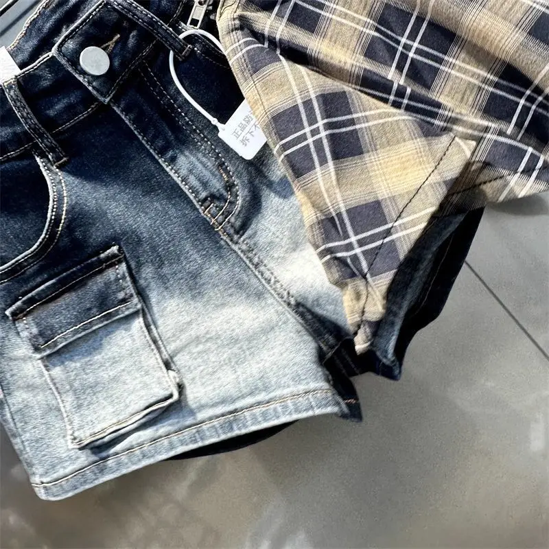 Short taille haute en Patchwork à carreaux noirs pour femmes Y2K American High Street années 2000 rétro Hot Girl Short en jean trapèze à jambes larges