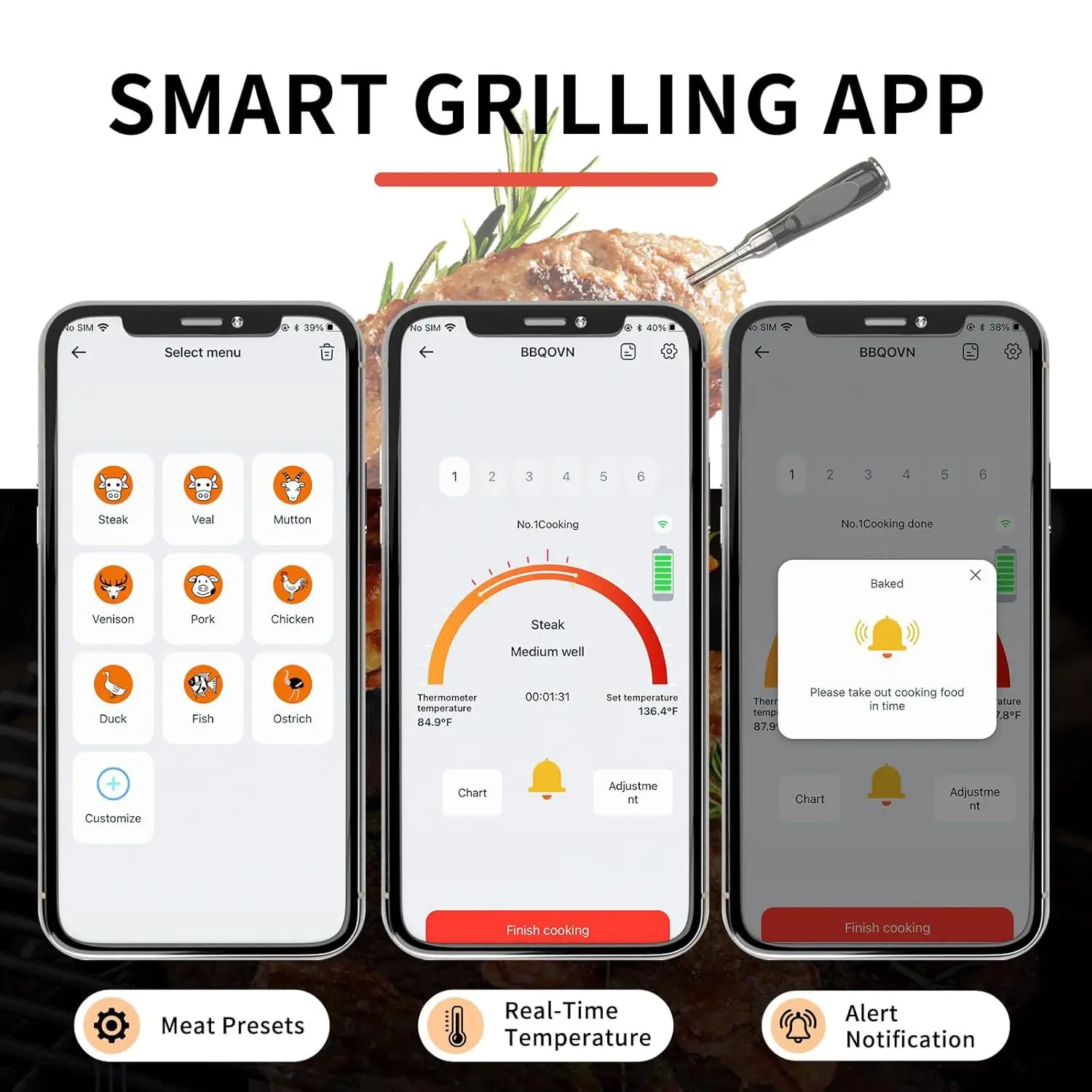 Wireless Meat Thermometer Intelligent 3 Probe Bluetooth Food Barbecue Steak Temperature Meter High-Precision BBQ Accessories