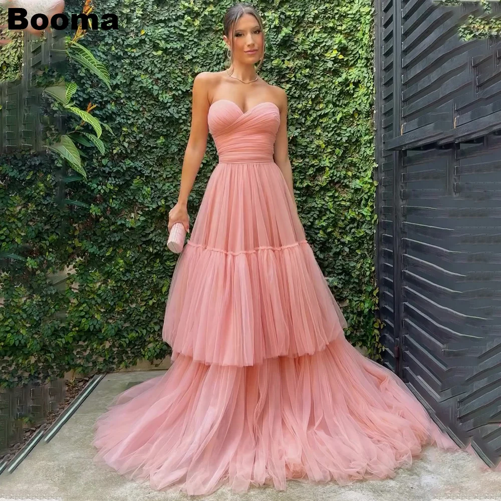 

Booma Simple Elegant A-Line Prom Dresses Sweetheart Tiered Tulle Wedding Guest Dresses for Women Long Formal Evening Gowns