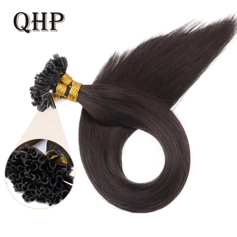 QHP Gerade Menschliches Fusion Haar Nagel U Tipp Maschine Made Remy Menschliches Haar Extensions 0,8g/stücke Muti-farbe