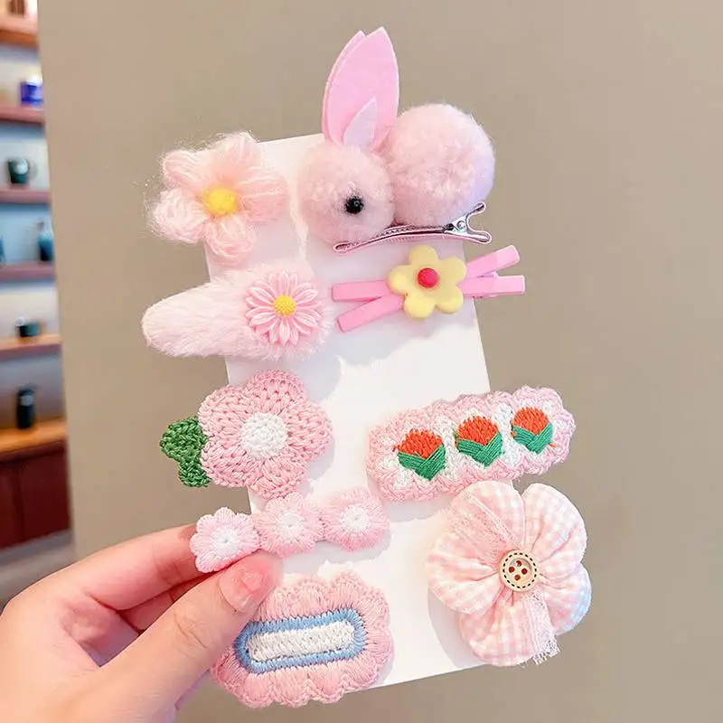 Girls Cute Clips Hair Pins Flower Plush Bunny Cartoon Design Accessories For Children