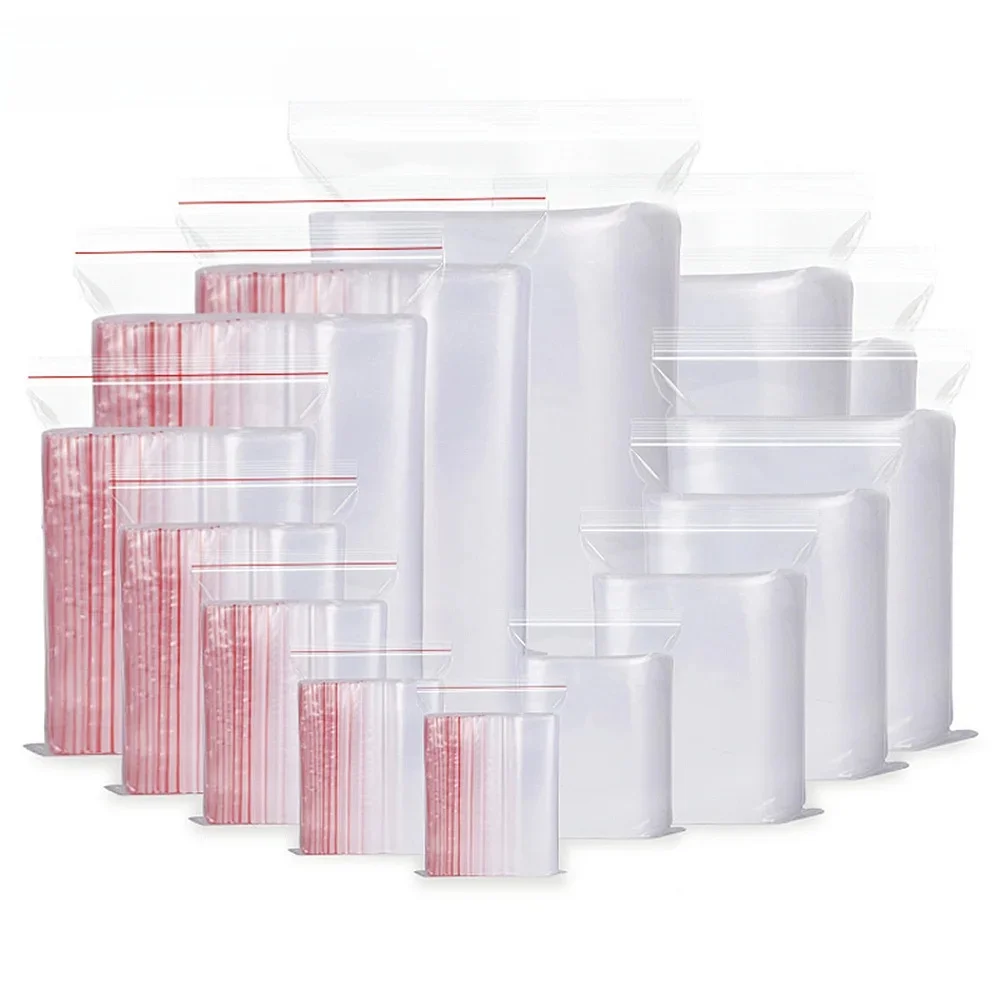 Sacs en plastique transparent Poly refermables à fermeture éclair, 100 pièces/paquet, 5-12 fils, auto-scellants, stockage des aliments, emballage frais, refermable, multi-tailles