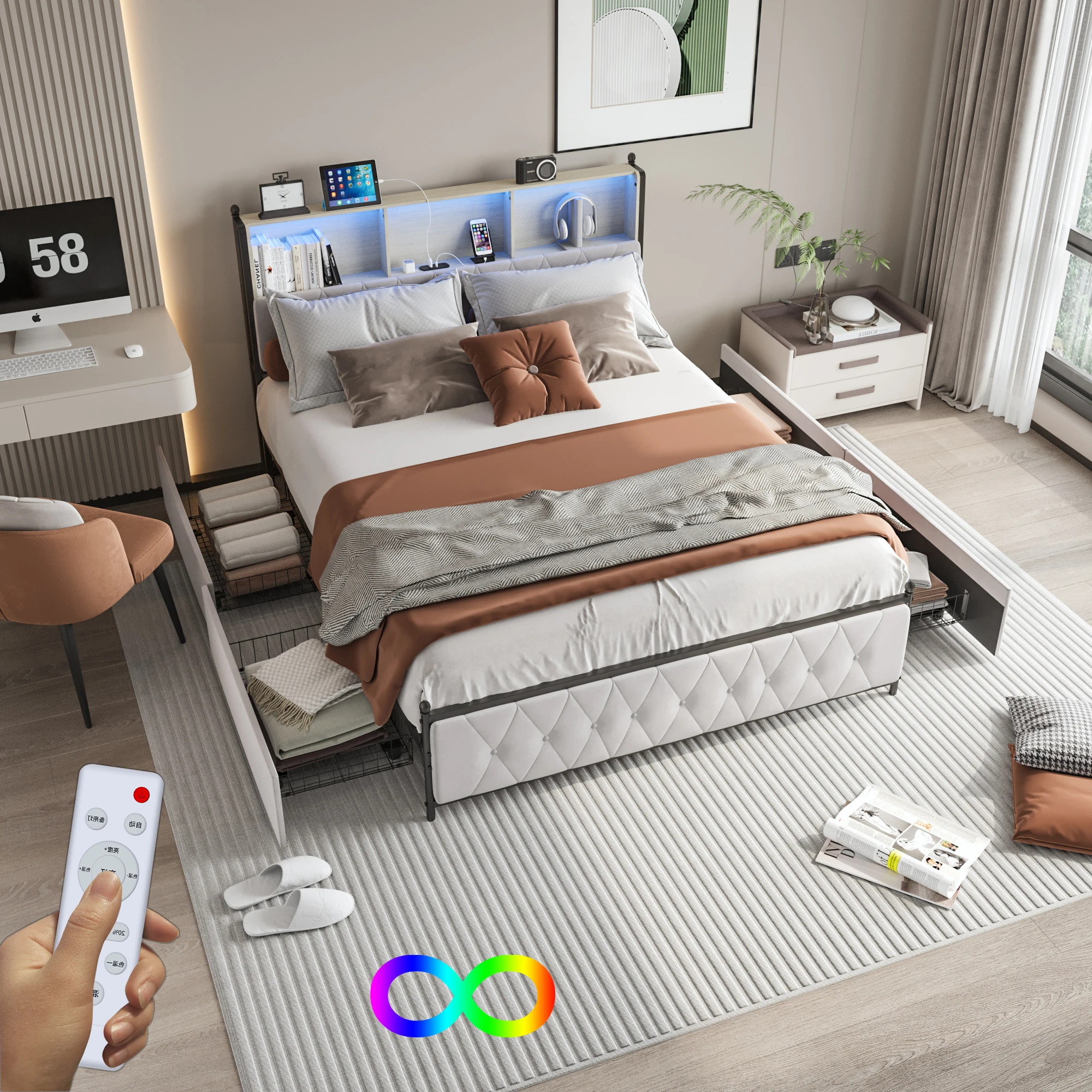 MINGZHE Cama con almacenamiento de 180 x 200 cm, estructura de cama con base de listones y 4 cajones, cama doble tapizada con iluminación LED y puertos USB, cabecero con almacenamiento, colchón no incluido