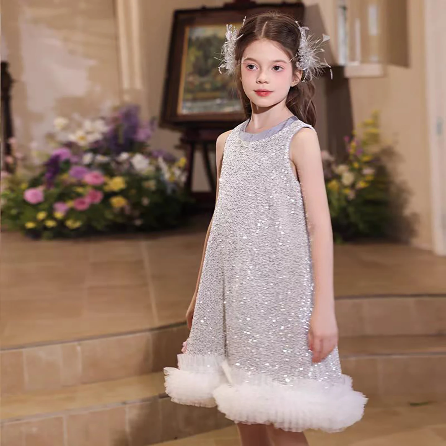 Dreamy Vow D062 Abito da ragazza di fiore in pizzo con paillettes senza maniche o-collo di lusso per bambini Festa di nozze Festa serale Lunghezza al ginocchio Prom