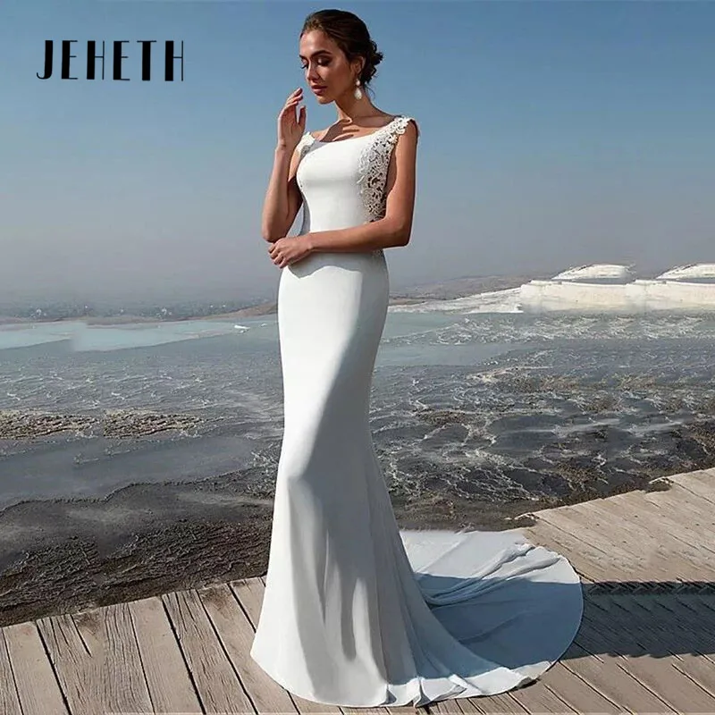 Jeheth Strand Meerjungfrau Brautkleider U-Ausschnitt Flügel ärmel Brautkleid für Frauen sexy rücken frei elegante Vestidos de Novia 2024 JEHETH Strand Meerjungfrau Brautkleider U-Ausschnitt Cap Ärmel Brautkleid für Fra