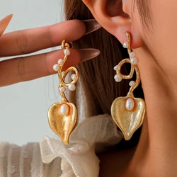 24K Gold-Plated Earrings with Natural Pearls Drop Earrings for Women Lotus Leaf Shape Pearl Earrings Luxury Jewelry Earring Gift