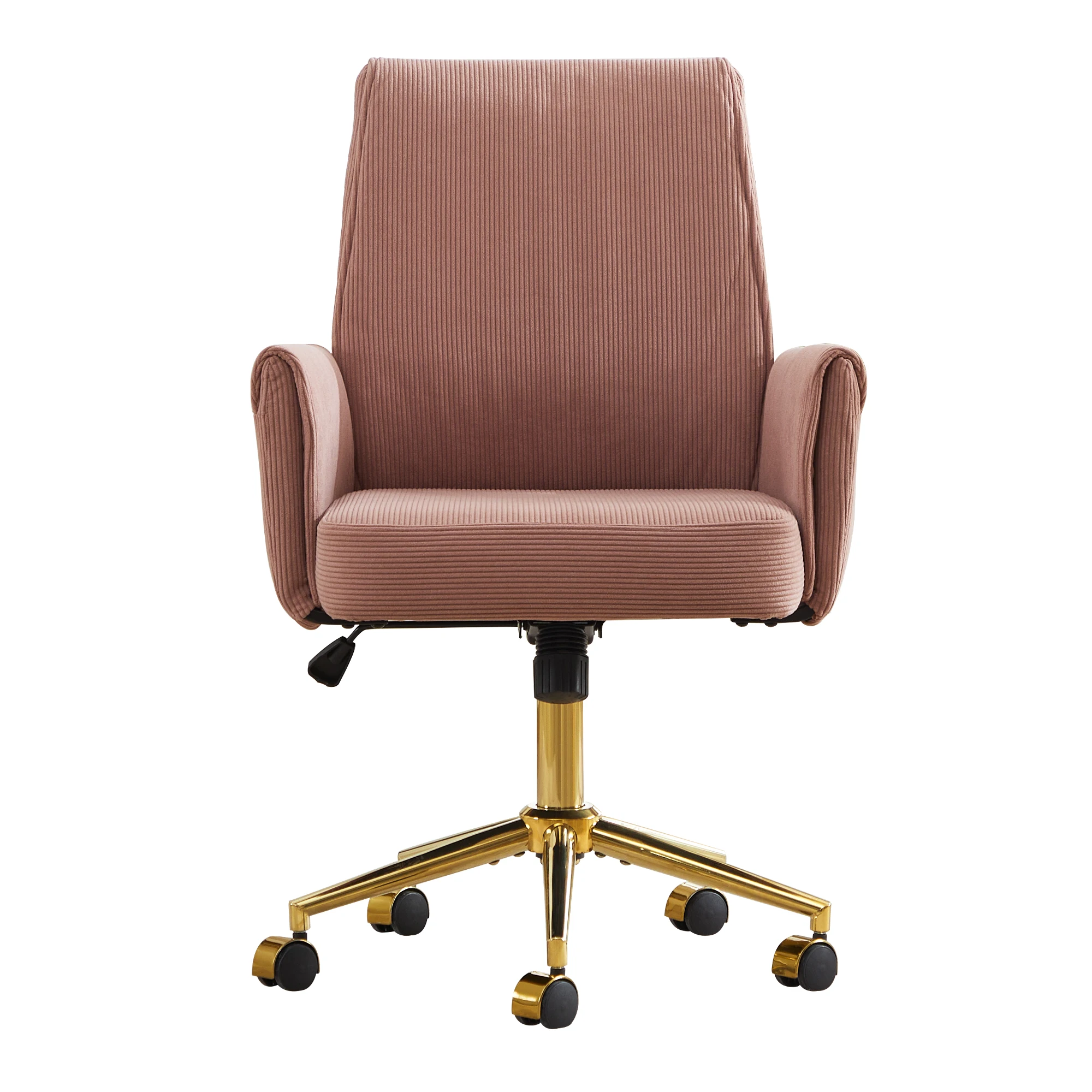 Chaise de bureau pivotante en velours côtelé rose, chaise de bureau ergonomique à dossier moyen avec base dorée, chaise d'ordinateur en tissu rayé réglable en hauteur, chaise de travail confortable 64x61x107cm pour bureau à domicile, bureau et chambre à coucher
