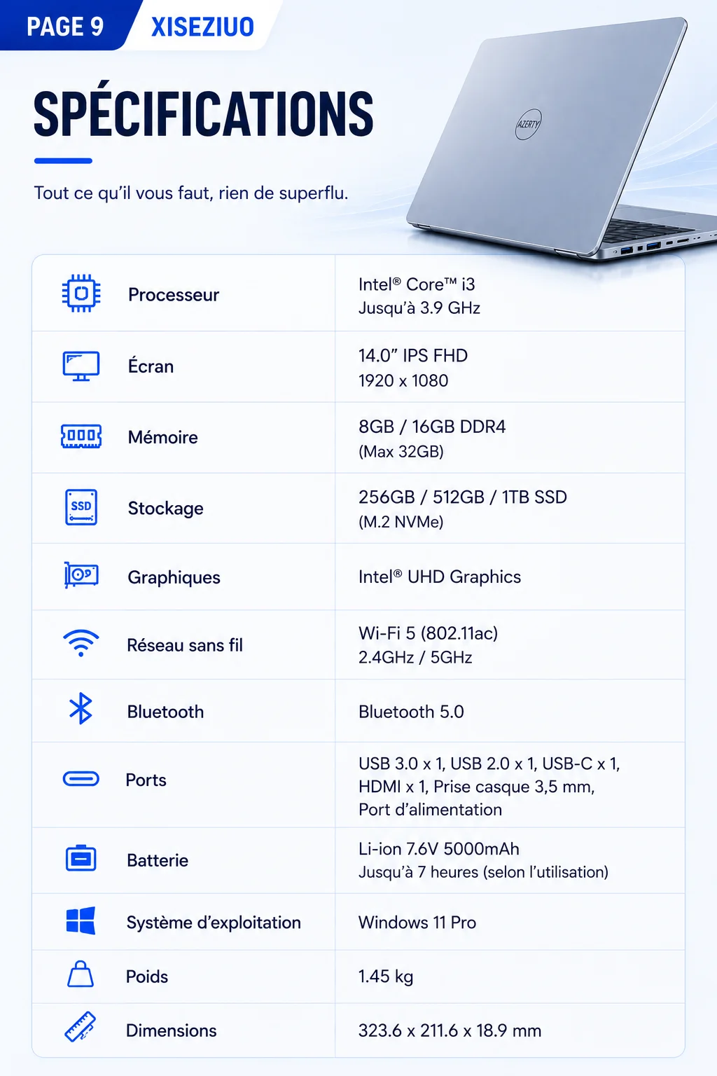15.6-inch Full HD IPS Laptop with Intel Core i3, Windows 11 Pro, 16 GB RAM, 512 GB SSD, Wi‑Fi 5, Bluetooth 5.0, French keyboard, keyboard protective film, fingerprint reader, lightweight laptop for students, work, and desk use, 1920x1080 display