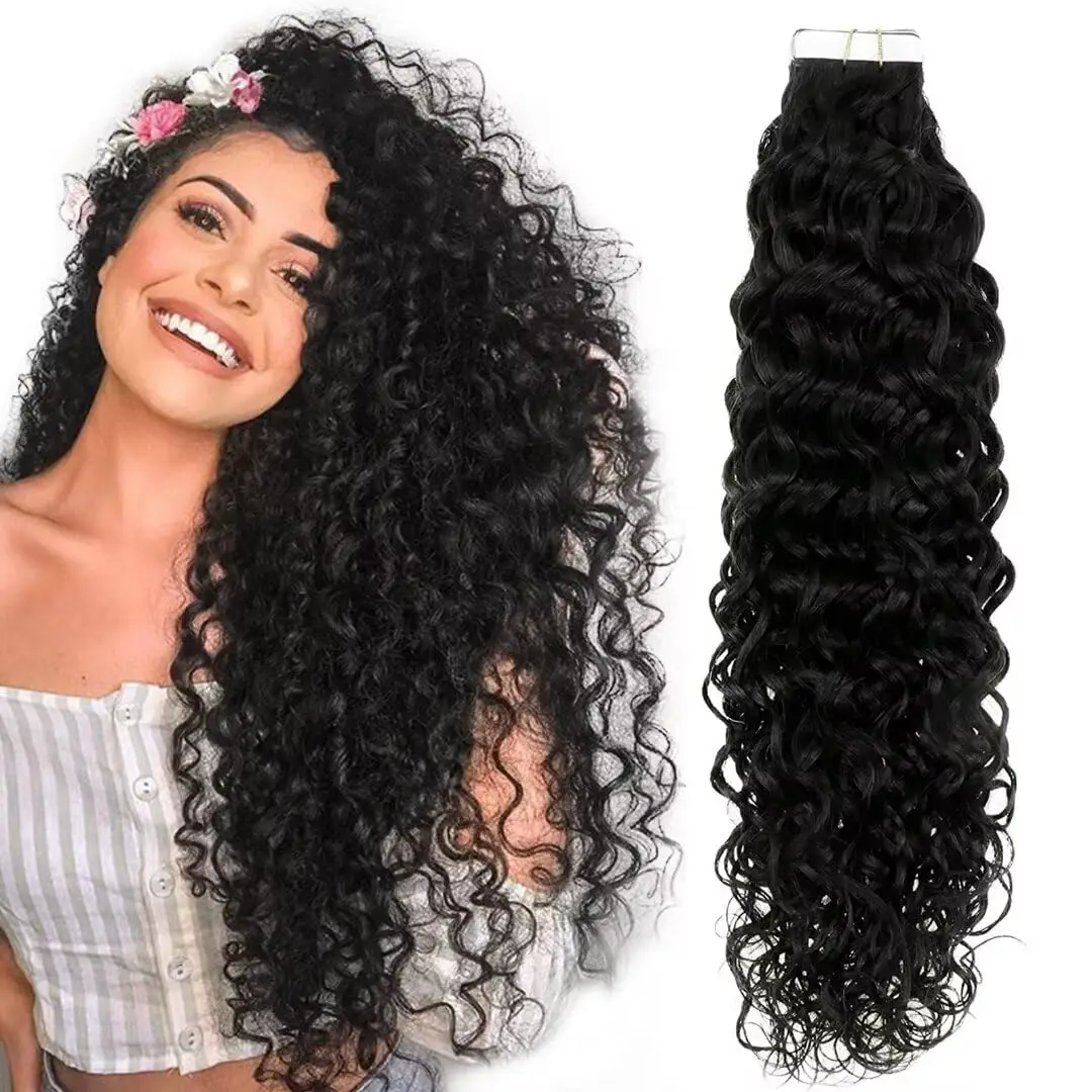 Curly Tape in Hair Extensions Deep Wave Tape in Hair Extensions #1B Human Hair Tape ins Full Head Deep Wave Tape in Extensions