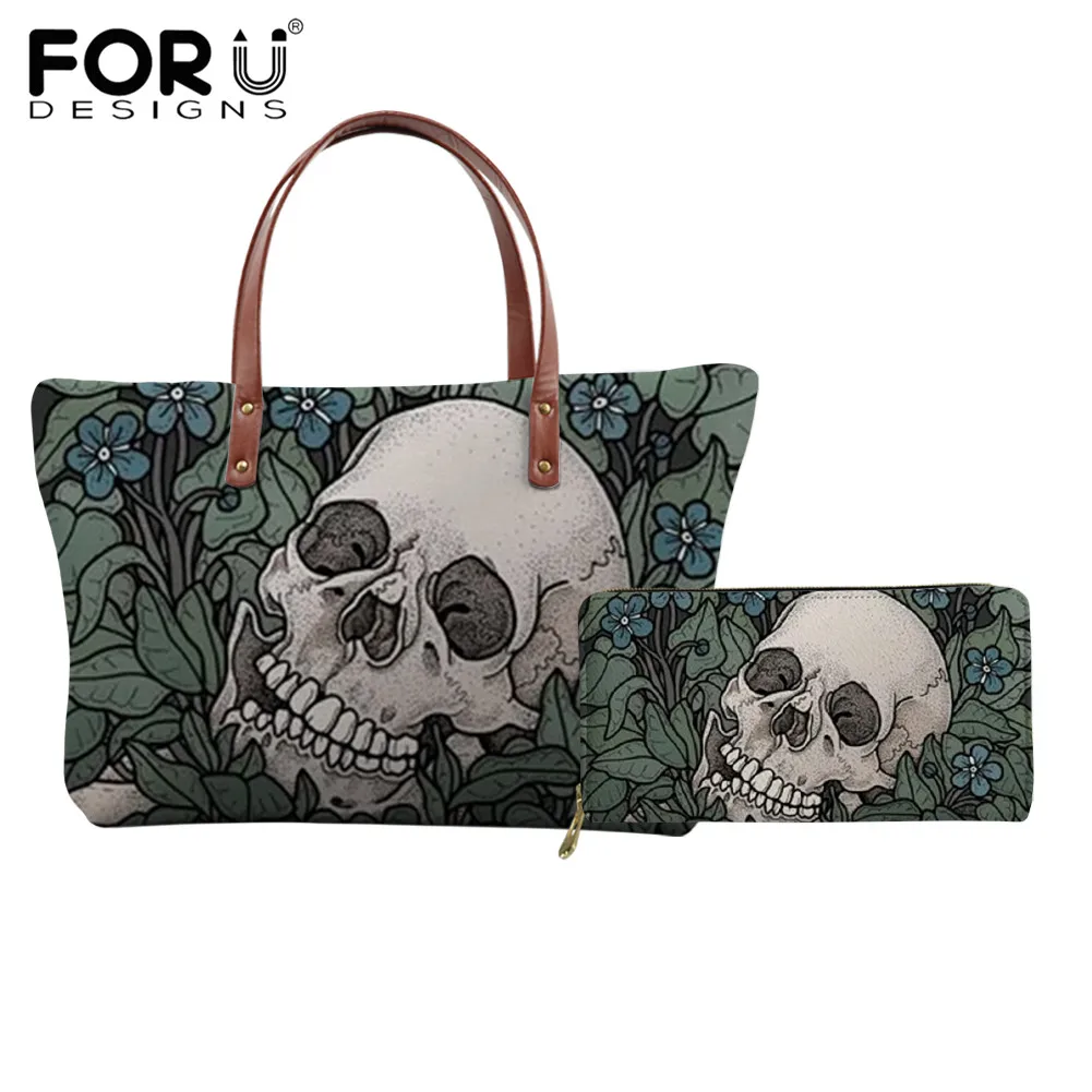 

FORUDESIGNS Shoulder Bag for Women Horror Skull Design Personality Comfortable Soft Polyester Ladies Tote Handbag and Wallet Set