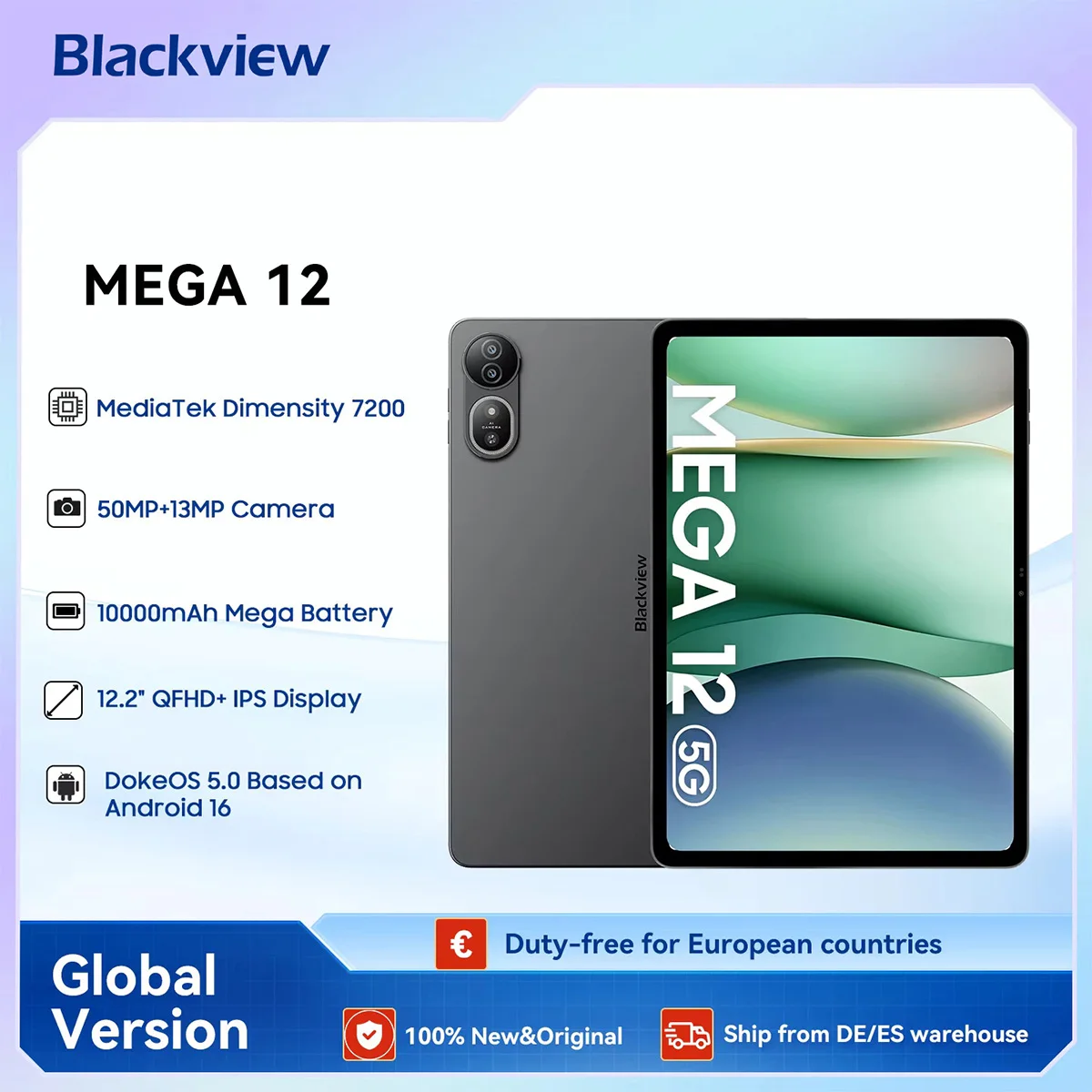 Blackview MEGA 12 Tablet 5G Dimensity 7200 CPU 12.2" 2.4K 120Hz Display IP69K Waterproof 50MP 10000mAh Pad PC