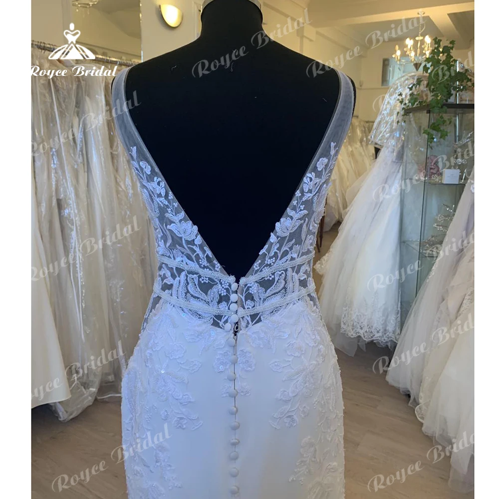 Roycebridal クレープサテンストラップマーメイドウェディングドレス V ネックレースアップリケビーズコートトレインカスタマイズローブマリーボエーム